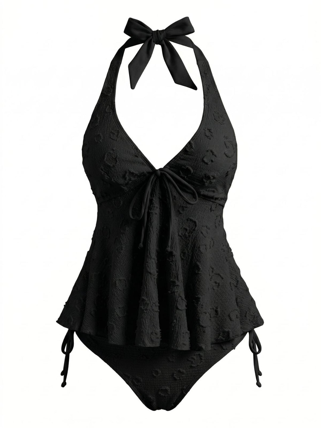 1950s Textured Floral Halter Deep V Tankini Set - vintage fashion, retro style, elegant red
