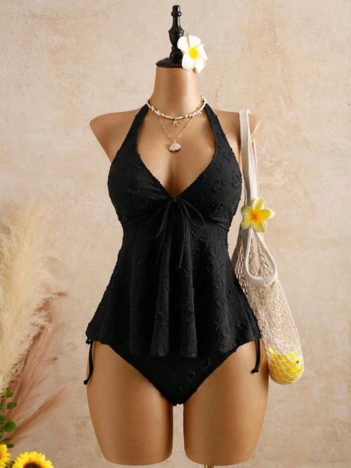 1950s Textured Floral Halter Deep V Tankini Set - vintage fashion, retro style, elegant red