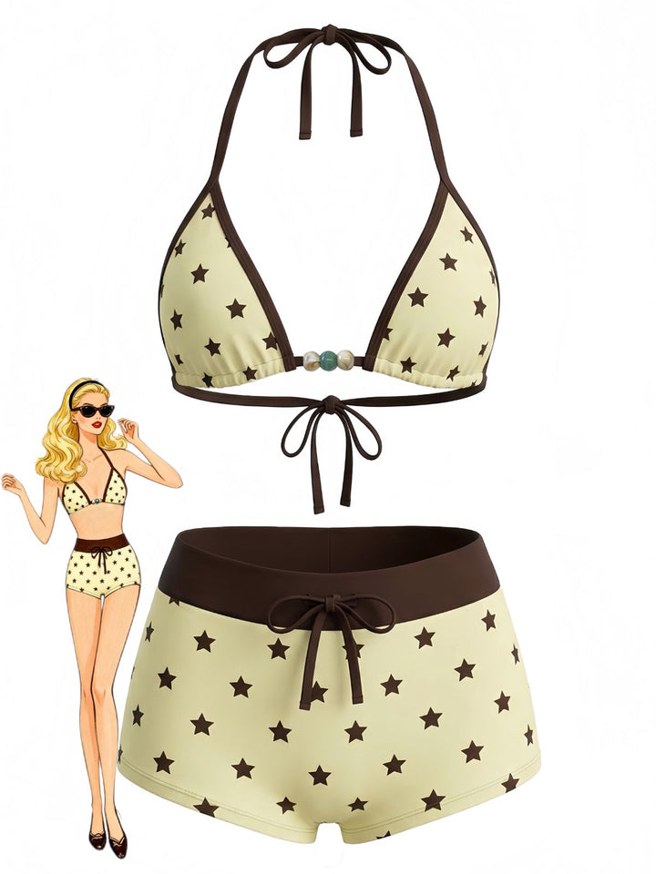 1950s Tie Halter Beaded Striped Swimwear Set | vintage fashion, retro style, classic elegance - perfect for retro fashion enthusiasts