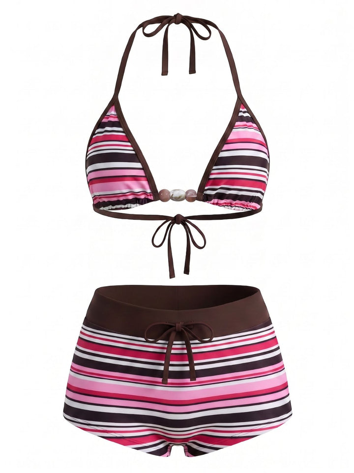 1950s Tie Halter Beaded Striped Swimwear Set - vintage swimsuit, pin-up style