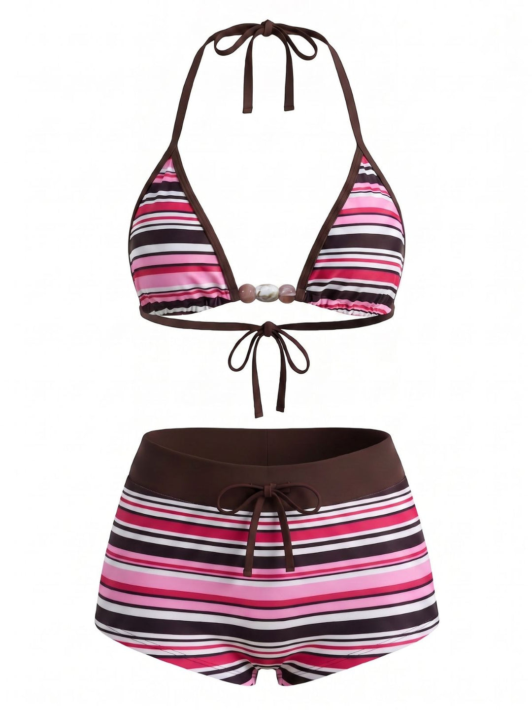 1950s Tie Halter Beaded Striped Swimwear Set - vintage swimsuit, pin-up style