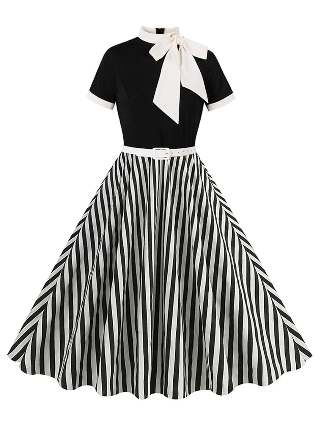 She slips into this 1950s Tie Neck Black &amp; White Stripes Belted Dress and suddenly it&