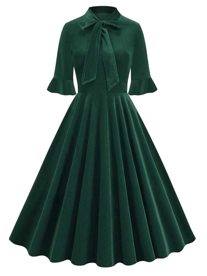 1950s Tie Neck Velvet Flared Sleeve Dress: where 1