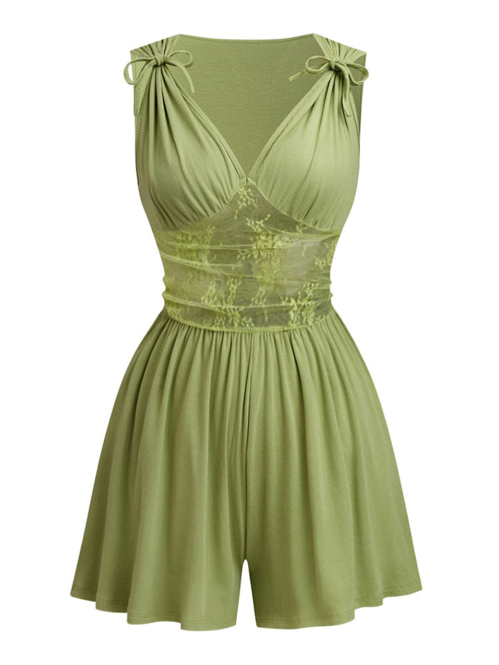 1950s Tie-Shoulder Lace Waist V-Neck Fit Romper - vintage jumpsuit, retro fashion