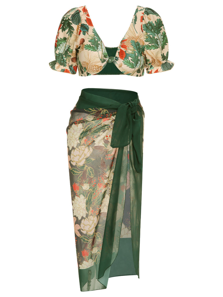 1950s Tropical Plant Patchwork Bikini Set &amp; Cover-Up: 1950s Riviera elegance, reimagined for her