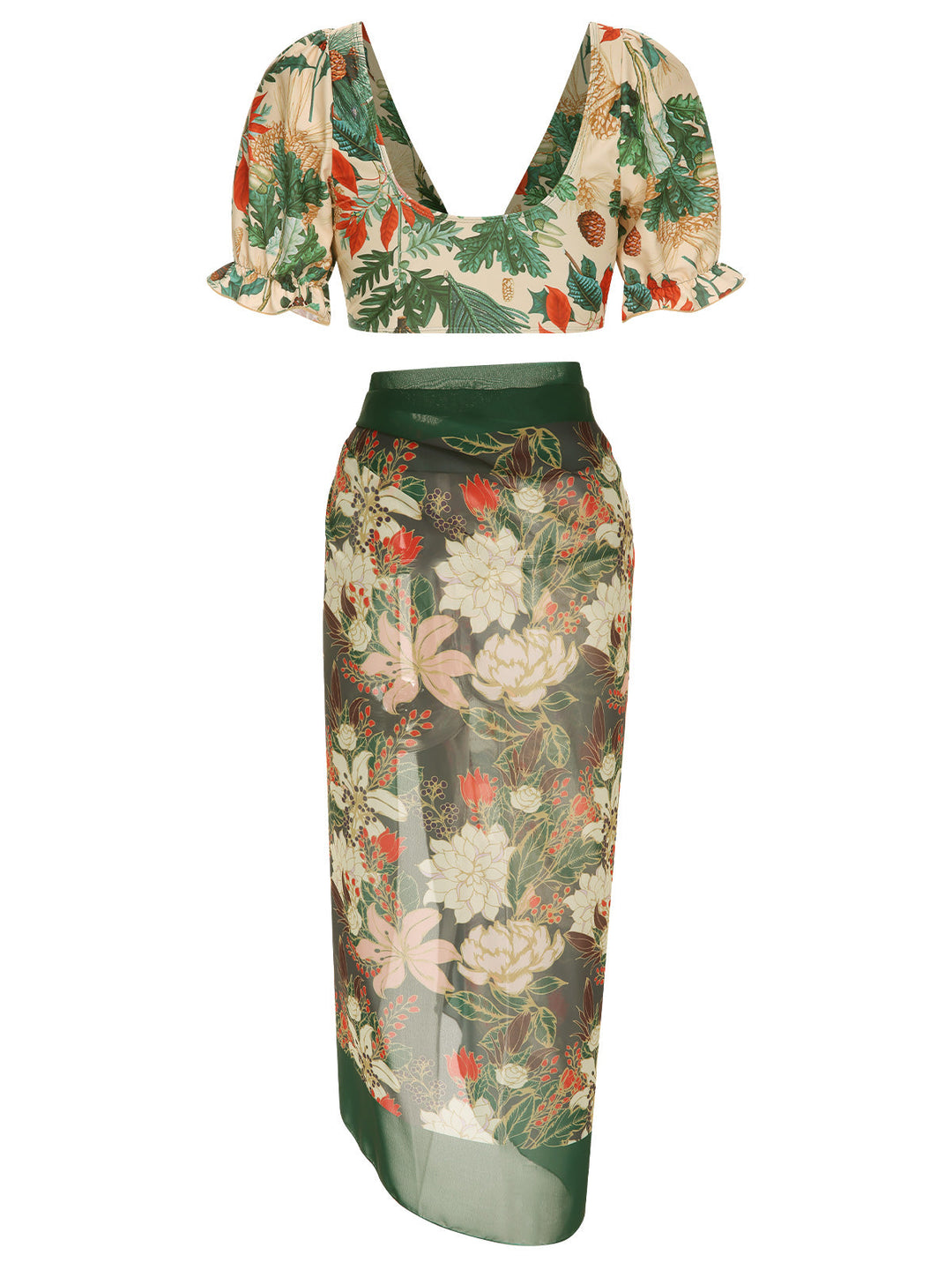This 1950s Tropical Plant Patchwork Bikini Set &amp; Cover-Up carries 1950s vacation dreams in every stitch