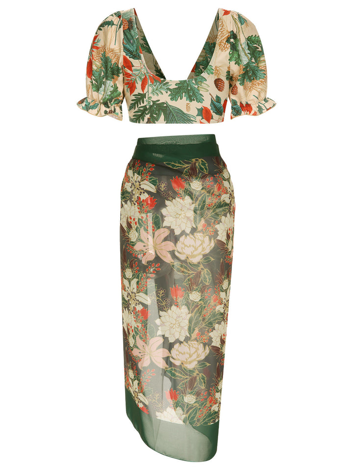 This 1950s Tropical Plant Patchwork Bikini Set &amp; Cover-Up carries 1950s vacation dreams in every stitch