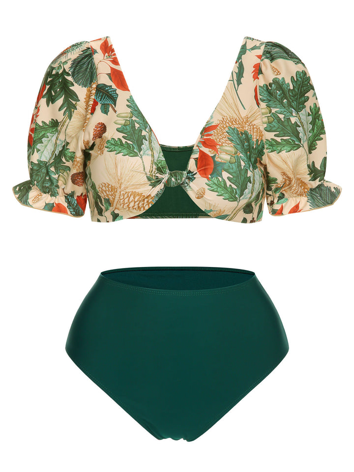 1950s Tropical Plant Patchwork Bikini Set &amp; Cover-Up — because 1950s glamour never goes out of style