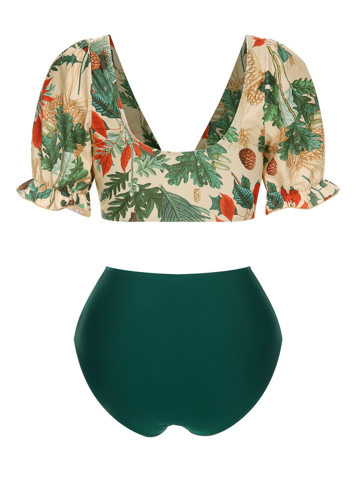 1950s Tropical Plant Patchwork Bikini Set &amp; Cover-Up — 1950s poolside glamour meets sun-drenched confidence