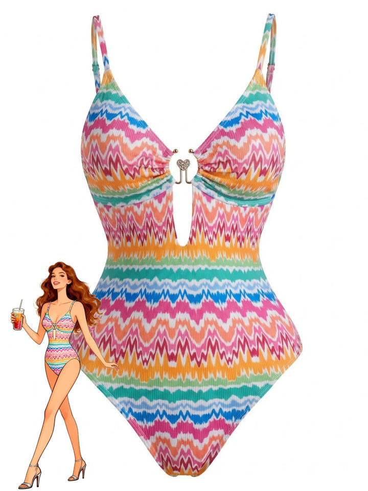 Multicolor Chevron Print Heart Ring One-Piece Swimsuit - vintage swimsuit, swimwear for vintage lovers