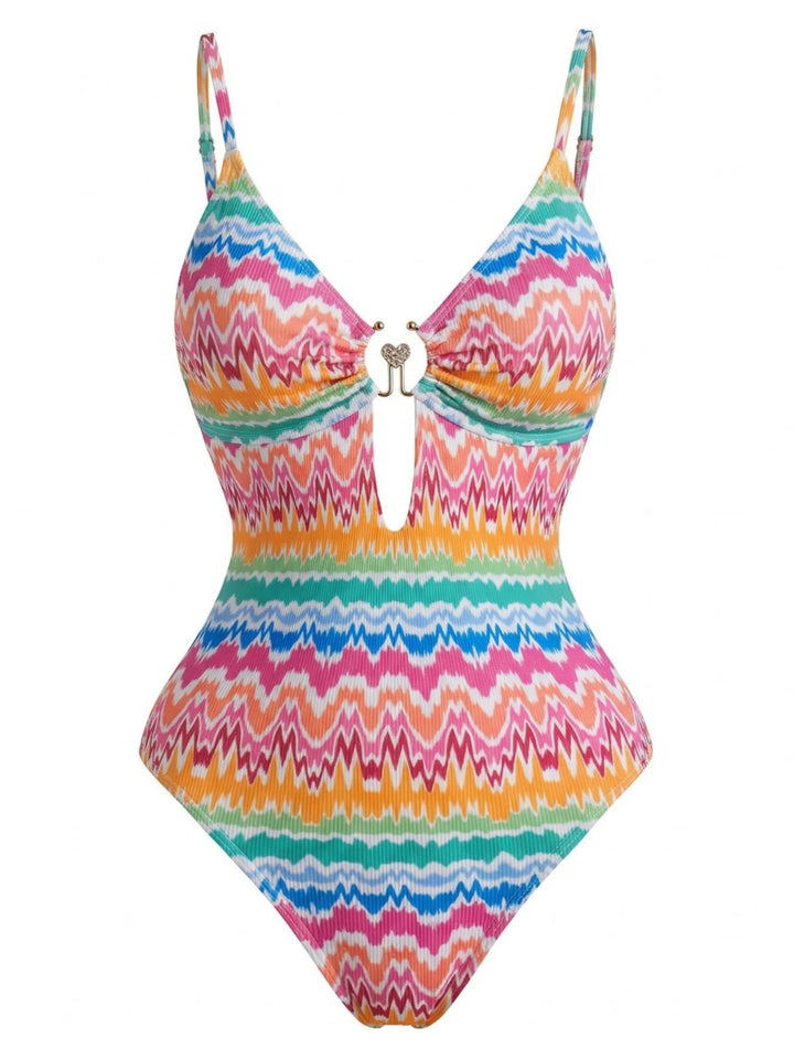 Multicolor Chevron Print Heart Ring One-Piece Swimsuit - vintage swimsuit, swimwear for vintage lovers