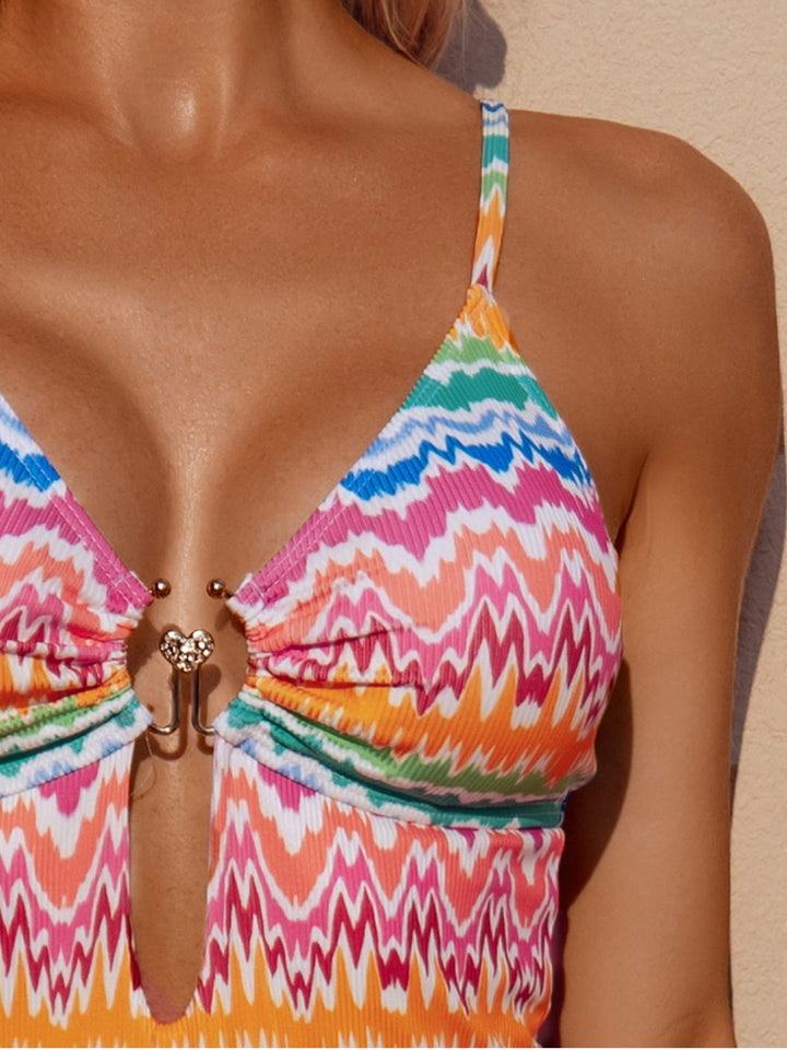 Multicolor Chevron Print Heart Ring One-Piece Swimsuit - vintage swimsuit, swimwear for vintage lovers