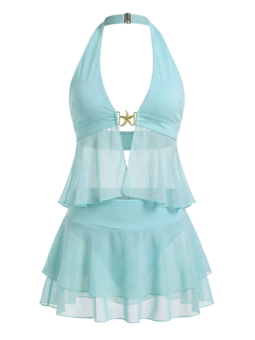 Turquoise 1950s Chiffon Starfish Halter Ruffled Tankini Set - vintage fashion, retro style