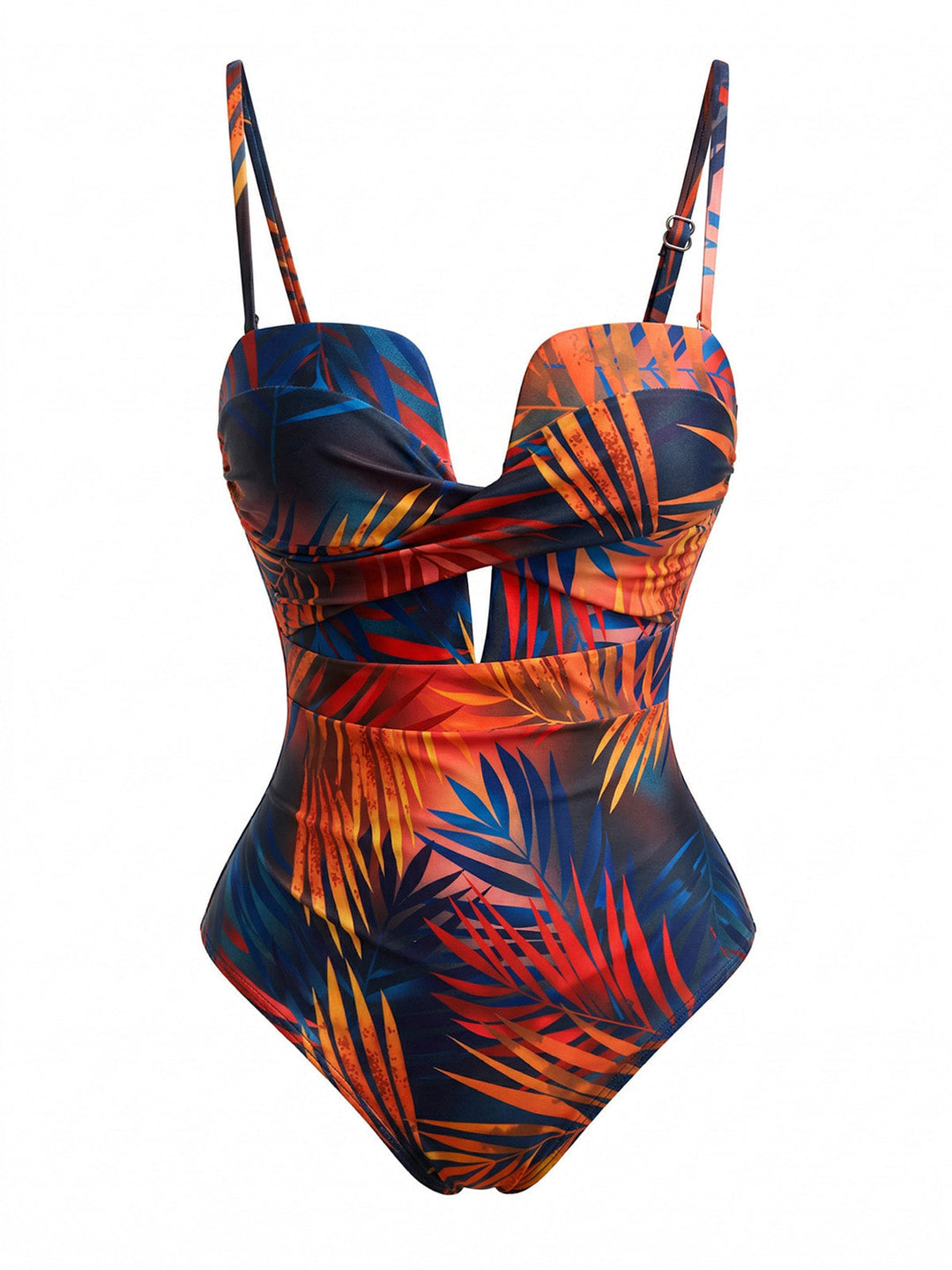 Twist-Front-Tropical-Leaf-Print-One-Piece-Swimsuit, vintage, retro, swimwear