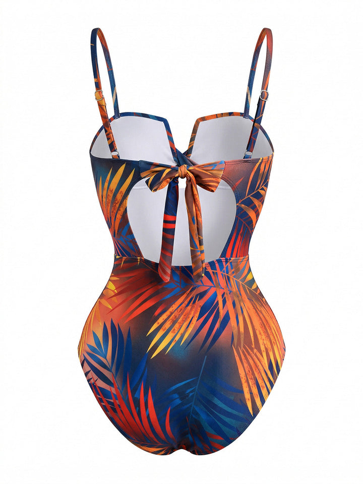 Twist-Front-Tropical-Leaf-Print-One-Piece-Swimsuit, vintage, retro, swimwear