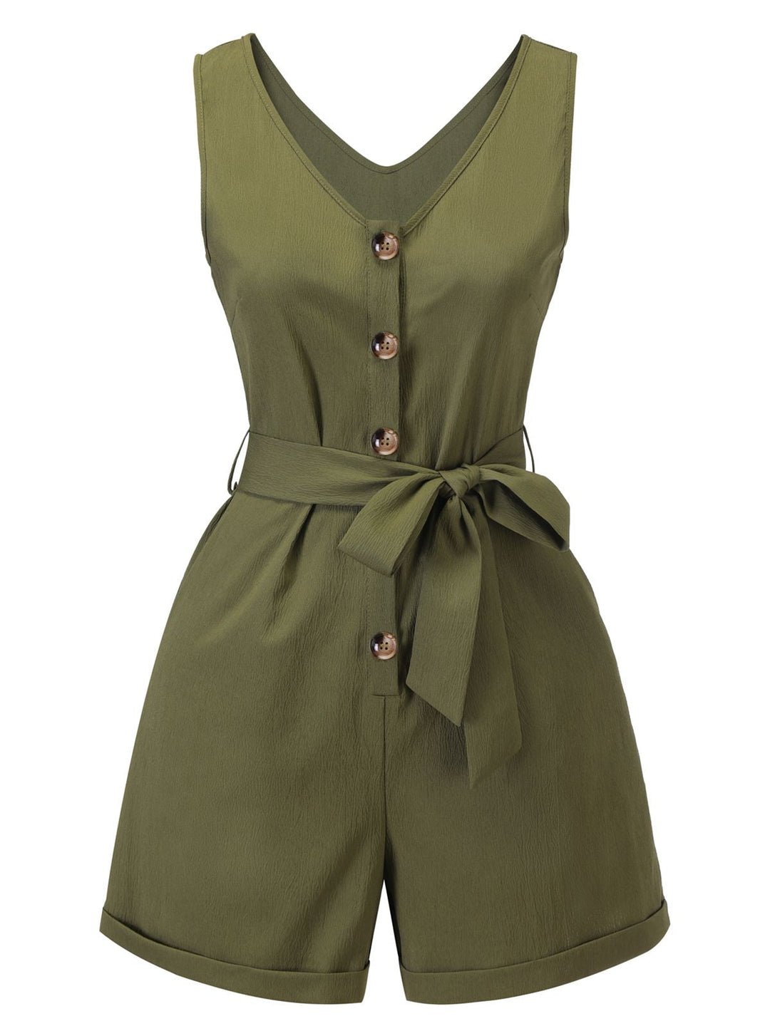 Olive Green 1950s V-Neck Button Waist Tie Romper, vintage romper, retro jumpsuit - perfect for women who love vintage and retro fashion