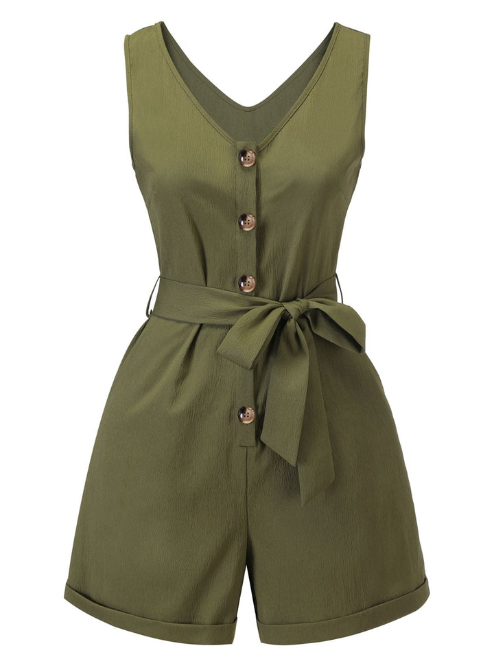 Olive Green 1950s V-Neck Button Waist Tie Romper, vintage romper, retro jumpsuit - perfect for women who love vintage and retro fashion