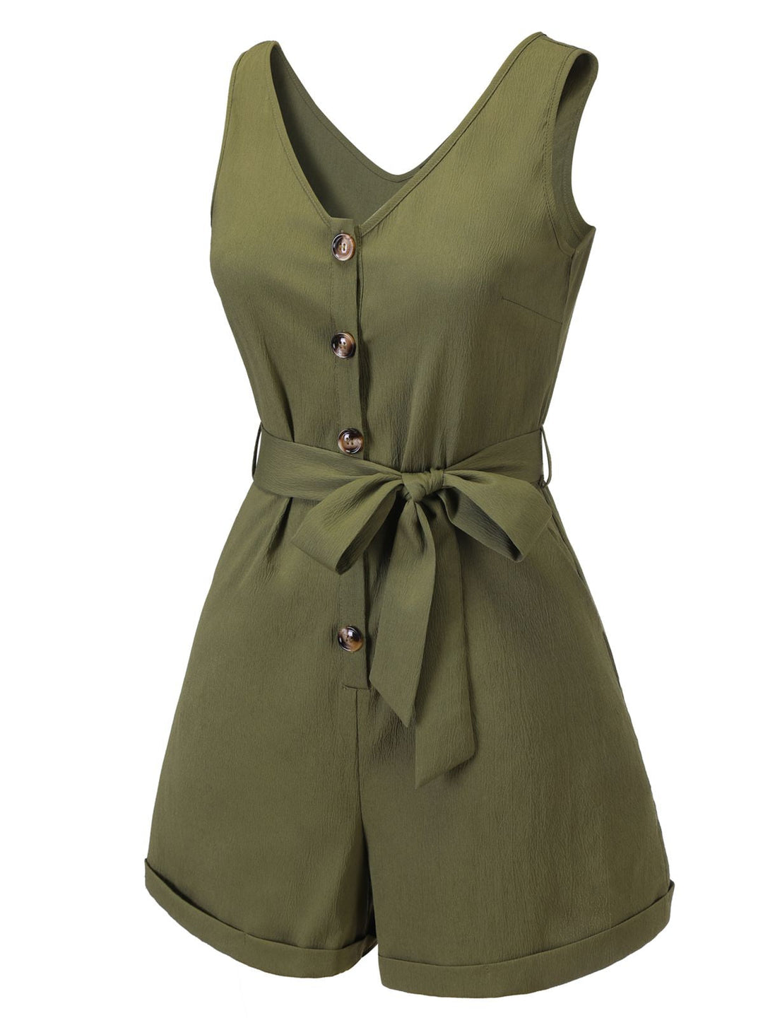 Olive Green 1950s V-Neck Button Waist Tie Romper, vintage romper, retro jumpsuit - perfect for women who love vintage and retro fashion