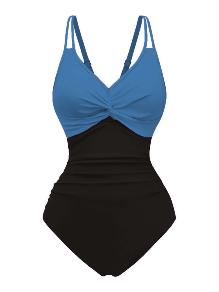 1950s V-Neck Color Patchwork One-Piece Swimsuit | vintage swimwear, retro swimsuit, pin-up style - perfect for retro fashion enthusiasts