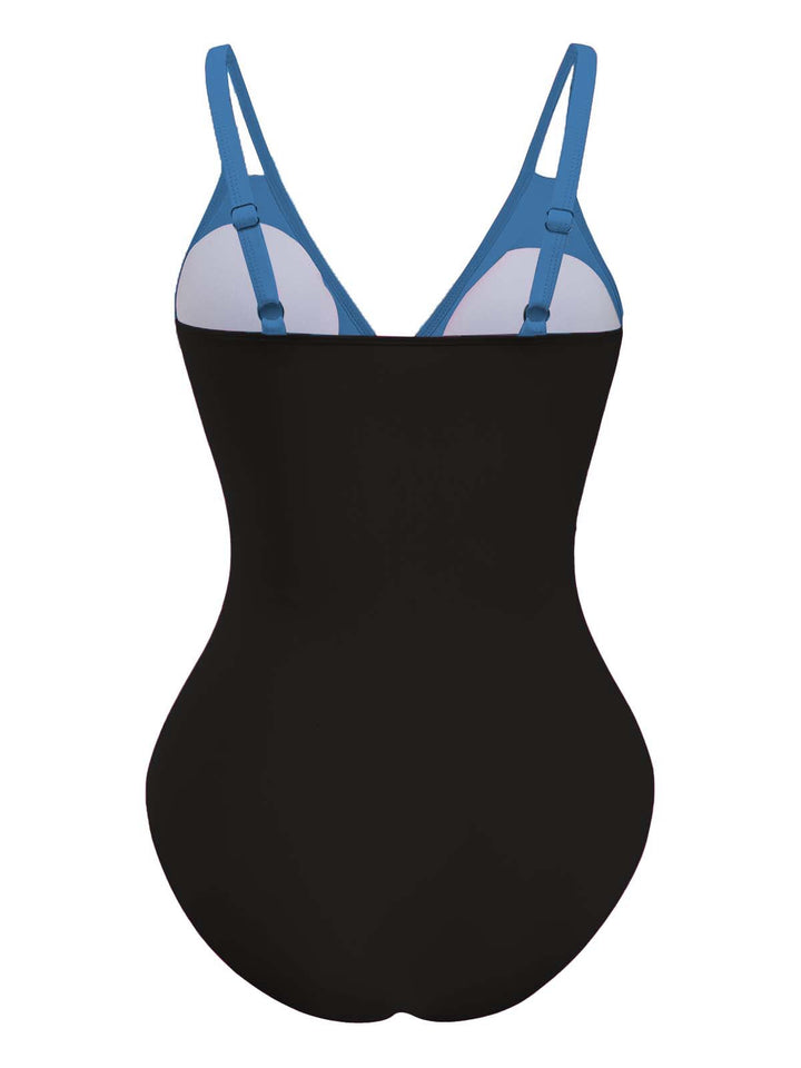 1950s V-Neck Color Patchwork One-Piece Swimsuit - vintage swimwear, retro swimsuit, pin-up style for vintage lovers