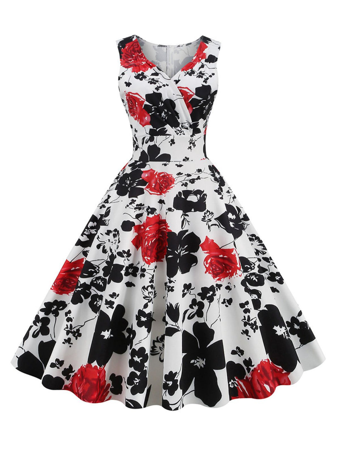 She slips into this 1950s V-Neck Floral Sleeveless Dress and suddenly it&