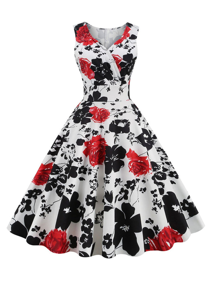 She slips into this 1950s V-Neck Floral Sleeveless Dress and suddenly it&