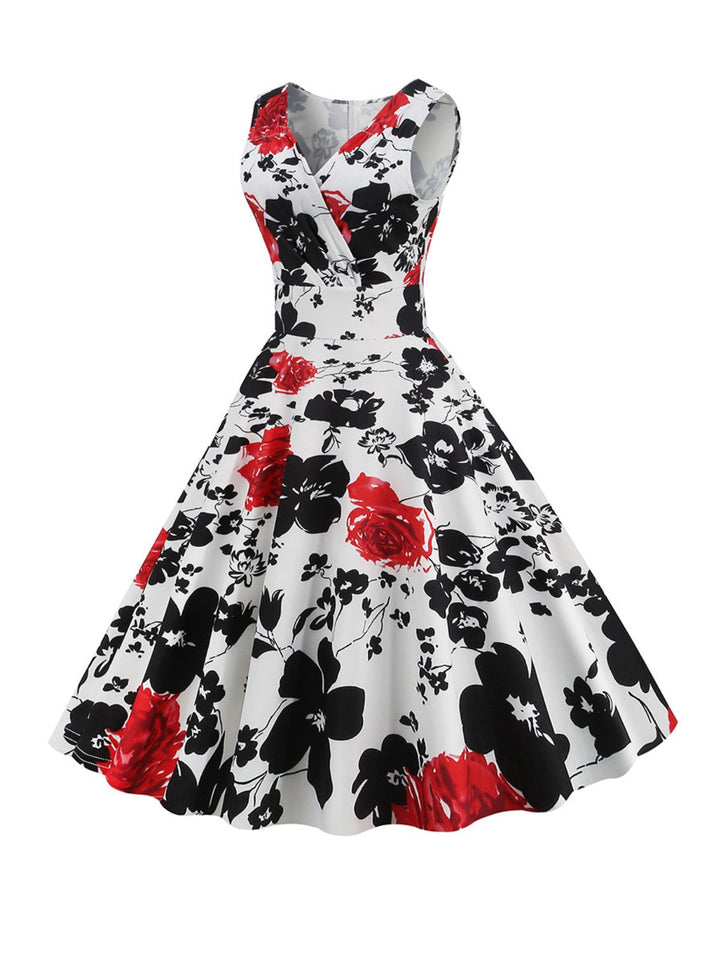 1950s V-Neck Floral Sleeveless Dress, vintage dress, retro fashion, rockabilly, pin-up fashion - perfect for women who love vintage and retro fashion