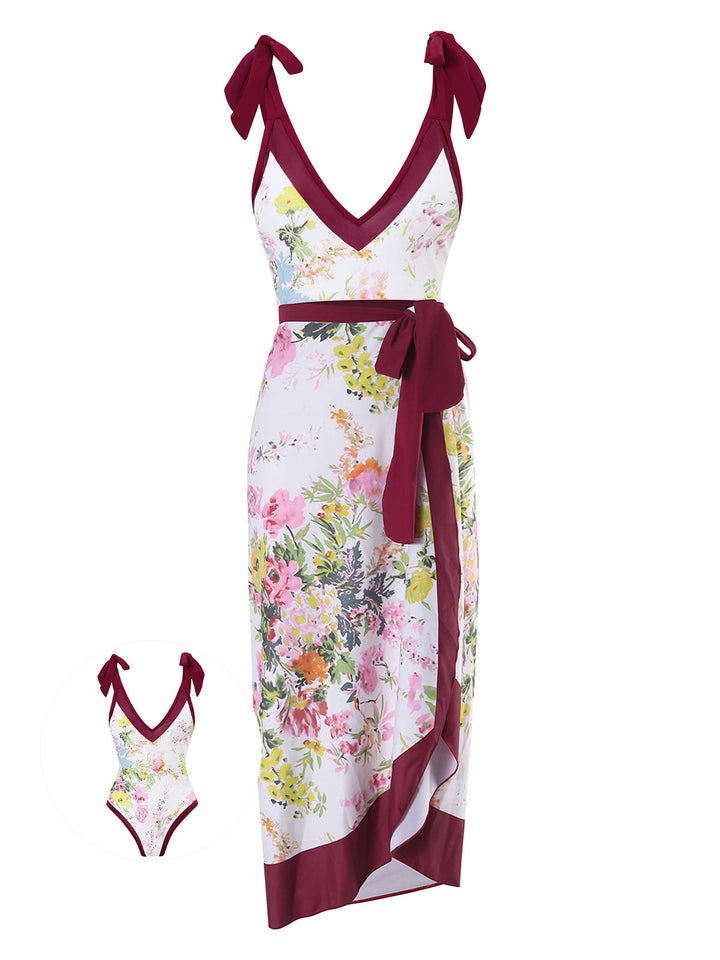 1950s V-Neck Flowers Lacing Swimsuit &amp; Cover Up - vintage swimsuit, pin-up style