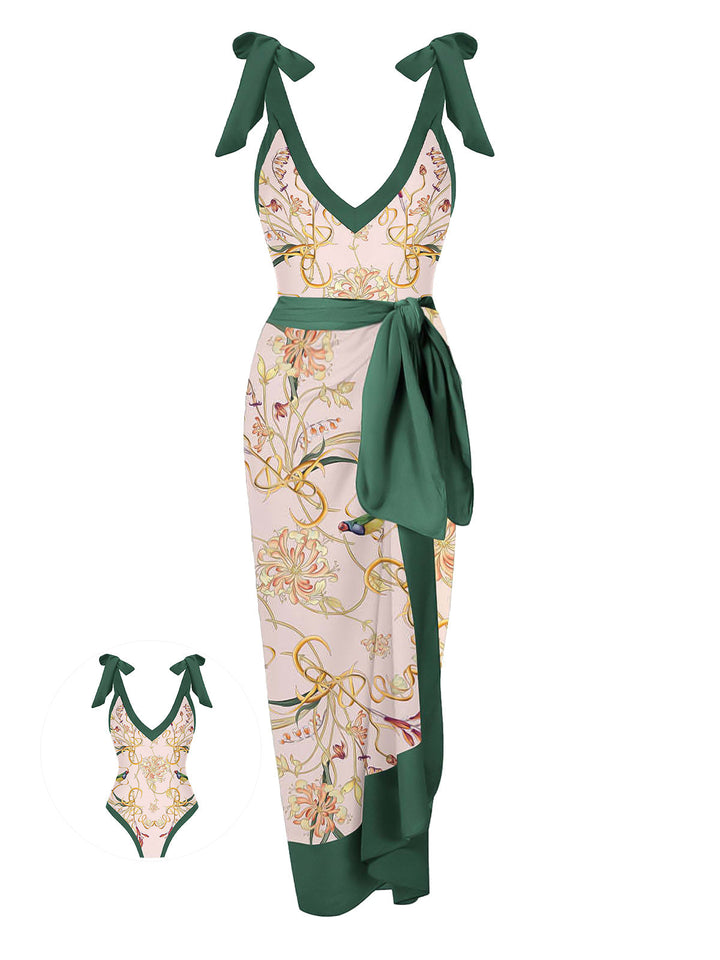 1950s V-Neck Flowers Lacing Swimsuit &amp; Cover Up - vintage swimsuit, pin-up style