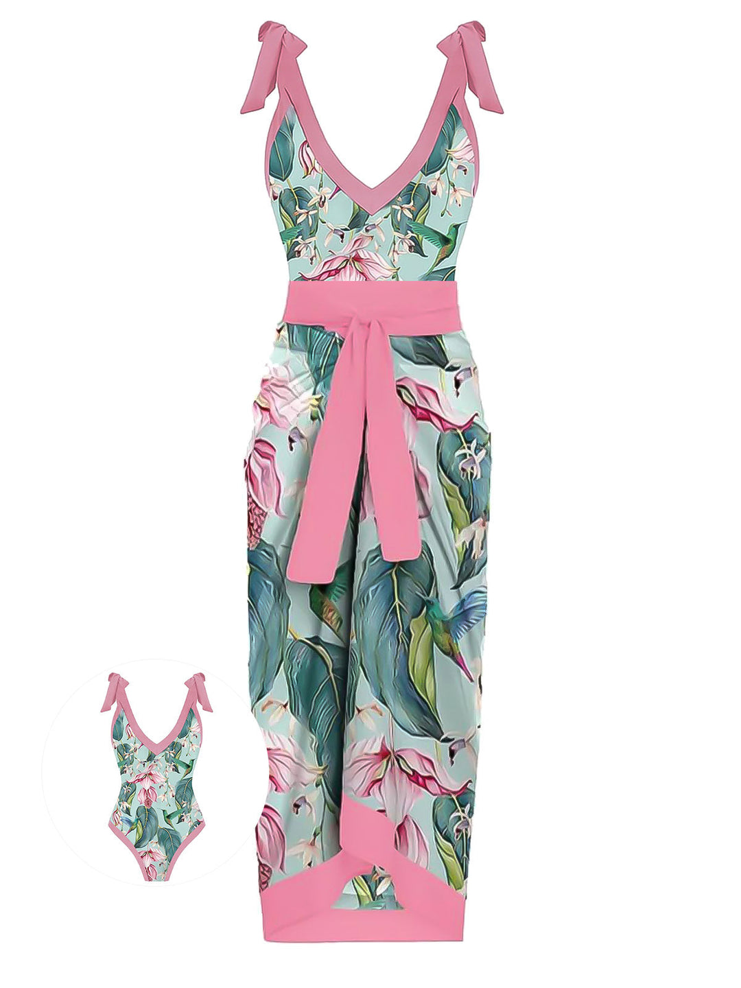 1950s V-Neck Flowers Lacing Swimsuit &amp; Cover Up - vintage swimsuit, pin-up style