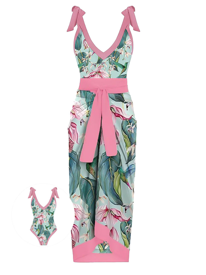 1950s V-Neck Flowers Lacing Swimsuit &amp; Cover Up - vintage swimsuit, pin-up style