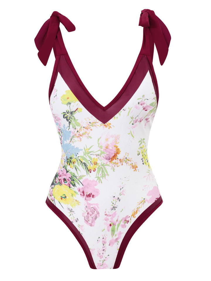 1950s V-Neck Flowers Lacing Swimsuit &amp; Cover Up - vintage swimsuit, pin-up style