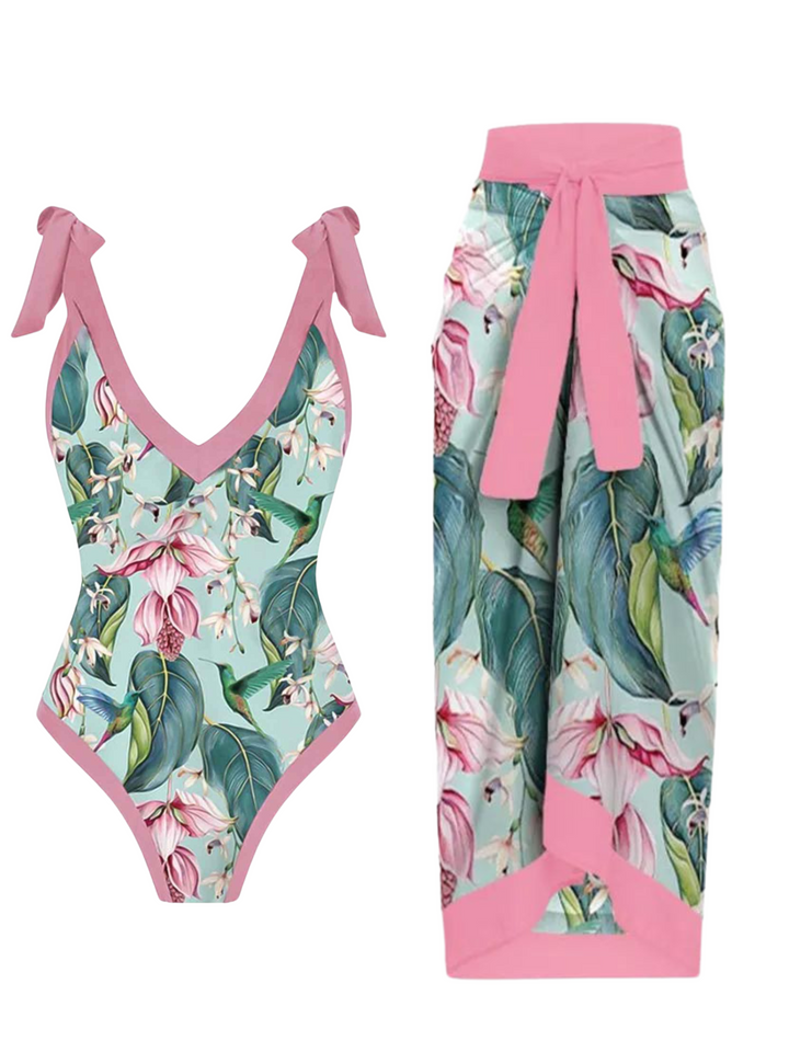 1950s V-Neck Flowers Lacing Swimsuit &amp; Cover Up, vintage swimsuit, pin-up swimwear - perfect for women who love vintage and retro fashion