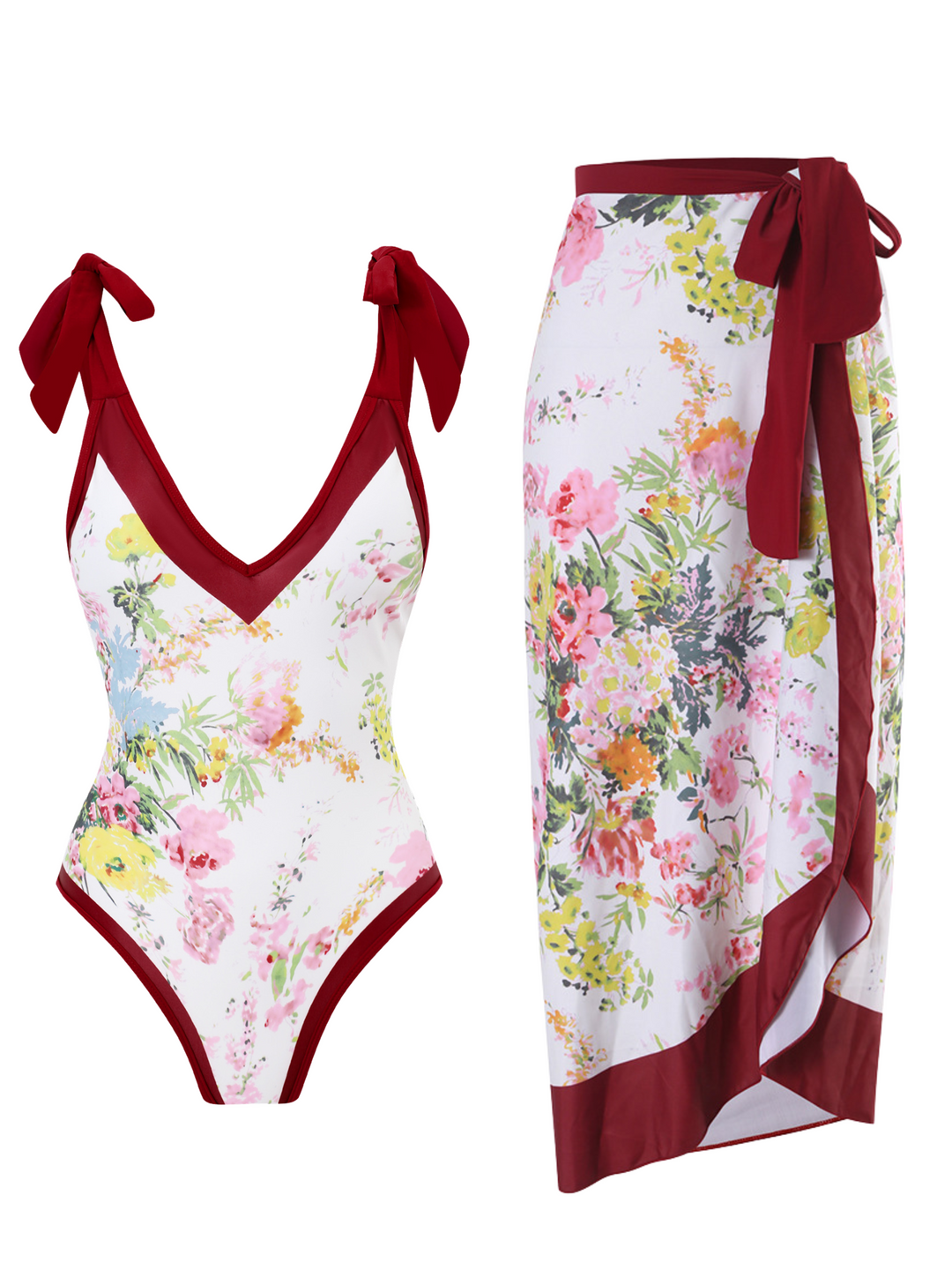 1950s V-Neck Flowers Lacing Swimsuit &amp; Cover Up, vintage swimsuit, pin-up swimwear - perfect for women who love vintage and retro fashion