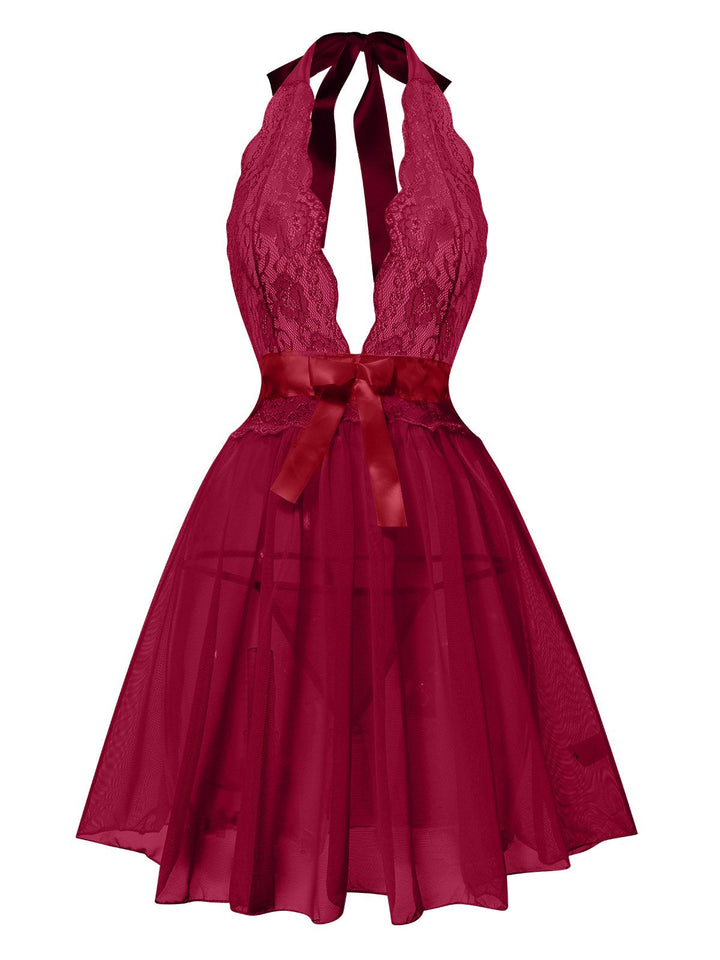 She slips into this V-Neck Halter Lace Sheer Nightgown and suddenly it&