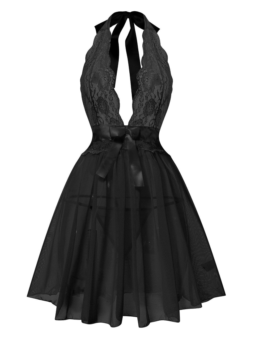 This V-Neck Halter Lace Sheer Nightgown wraps her in elegance, one twirl at a time
