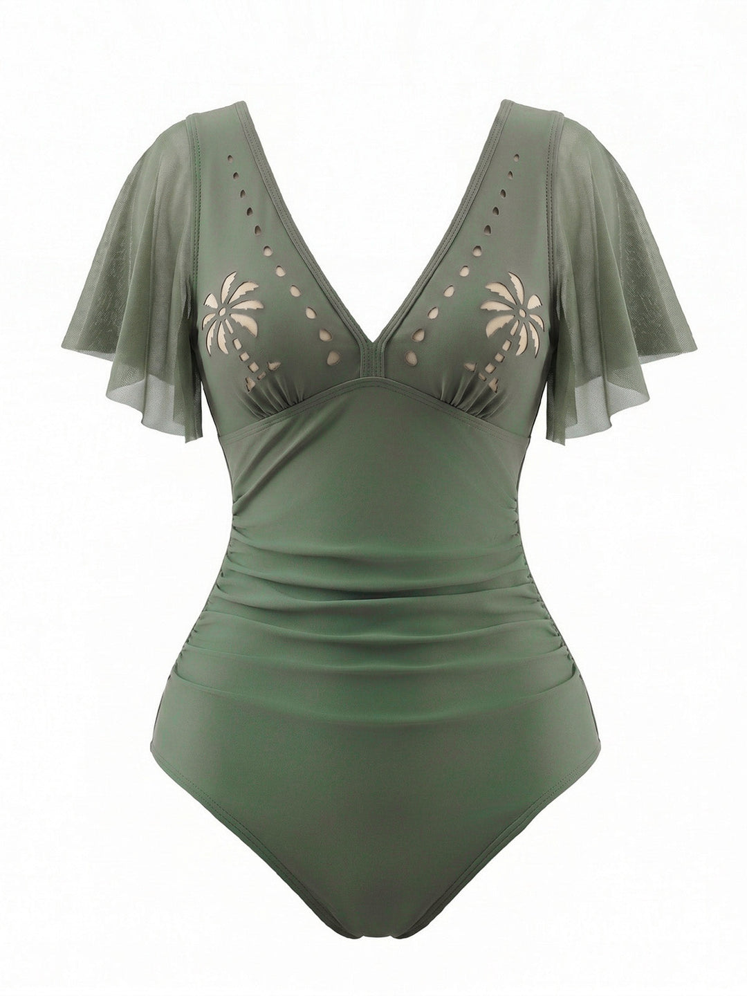 V-Neck Hollow Ruffle Sleeve Palm Tree Swimsuit - vintage swimsuit, swimwear for vintage lovers