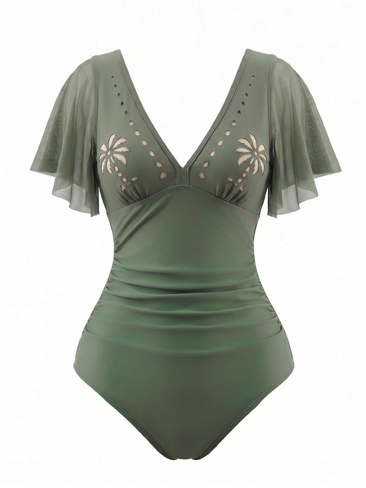 V-Neck Hollow Ruffle Sleeve Palm Tree Swimsuit - vintage swimsuit, swimwear for vintage lovers