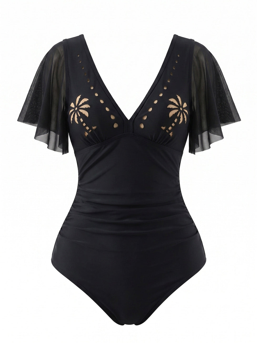 V-Neck Hollow Ruffle Sleeve Palm Tree Swimsuit - vintage swimsuit, swimwear for vintage lovers