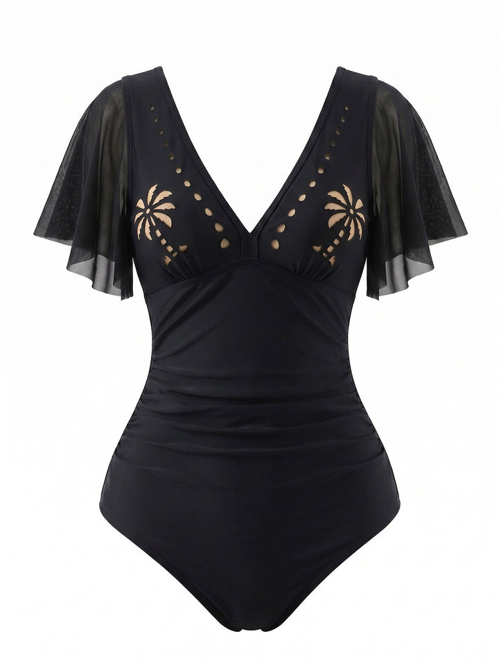 V-Neck Hollow Ruffle Sleeve Palm Tree Swimsuit - vintage swimsuit, swimwear for vintage lovers