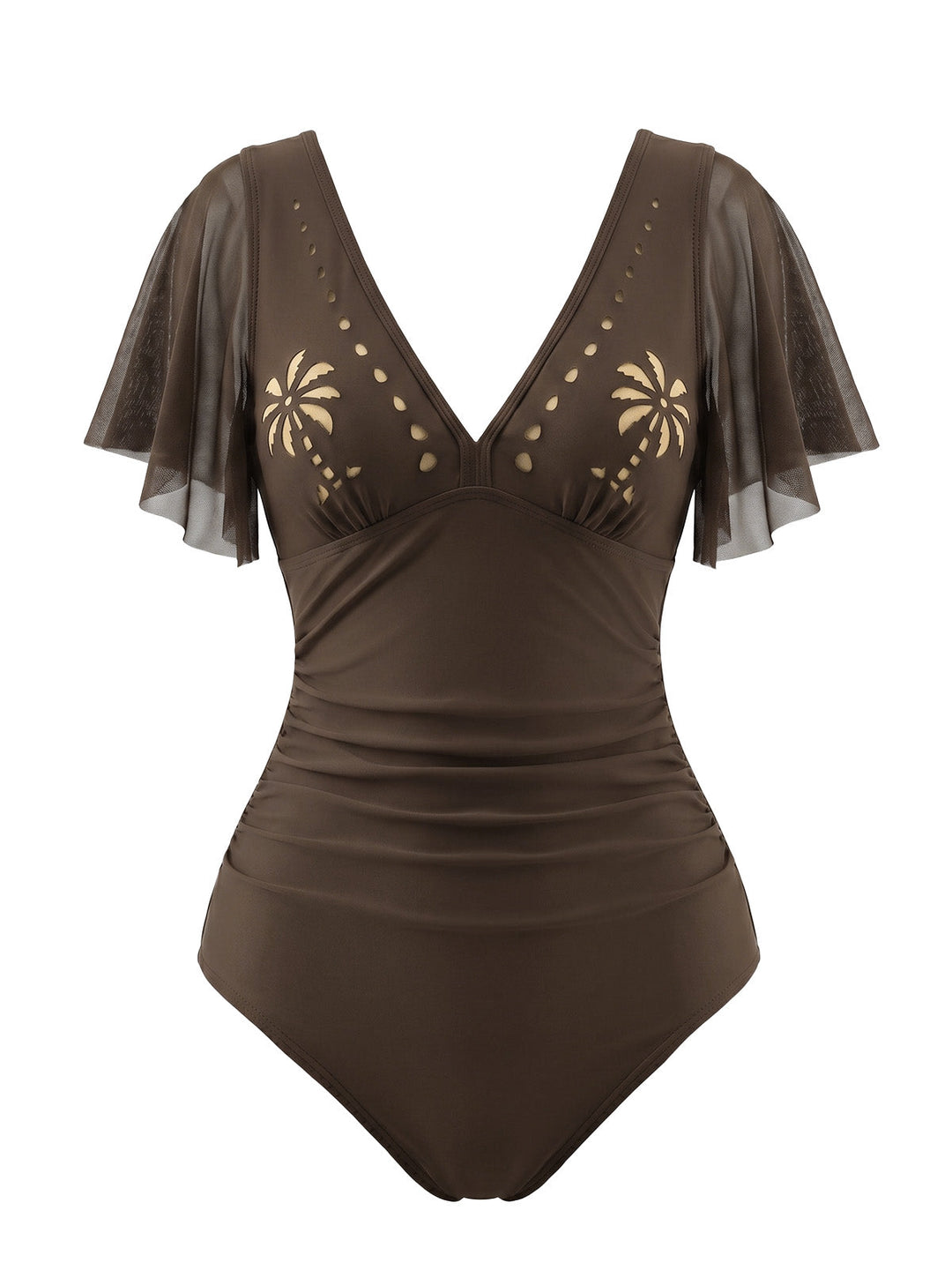 V-Neck Hollow Ruffle Sleeve Palm Tree Swimsuit - vintage swimsuit, swimwear for vintage lovers