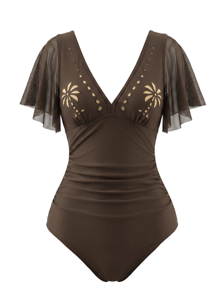 V-Neck Hollow Ruffle Sleeve Palm Tree Swimsuit - vintage swimsuit, swimwear for vintage lovers