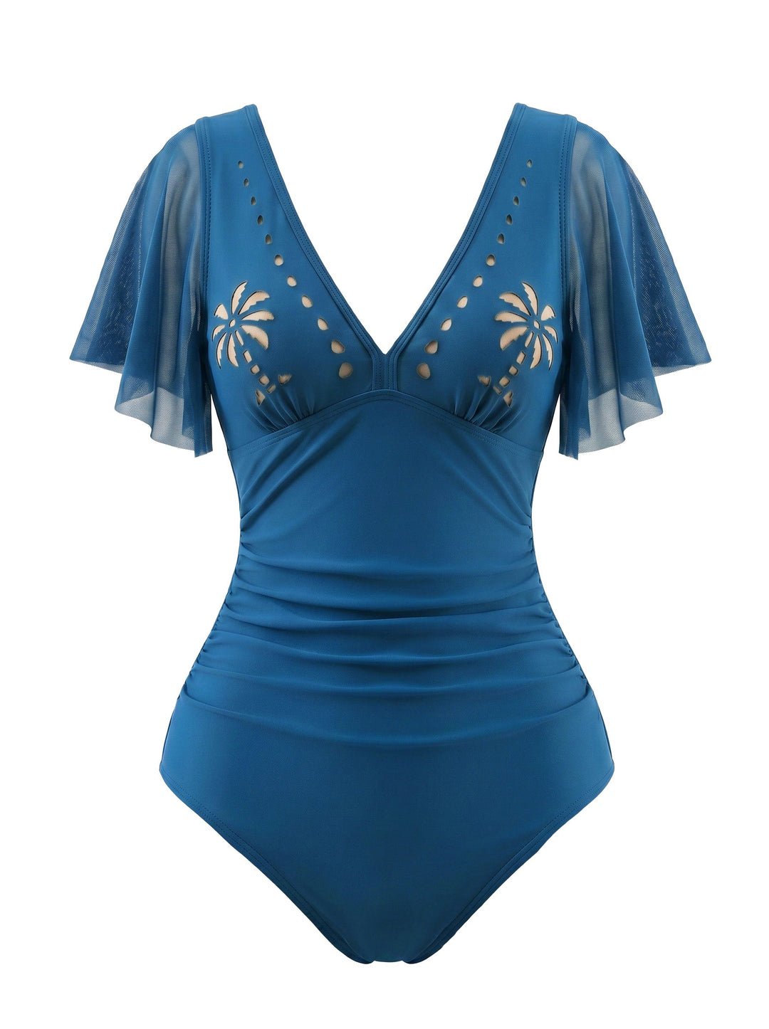 V-Neck Hollow Ruffle Sleeve Palm Tree Swimsuit - vintage swimsuit, swimwear for vintage lovers
