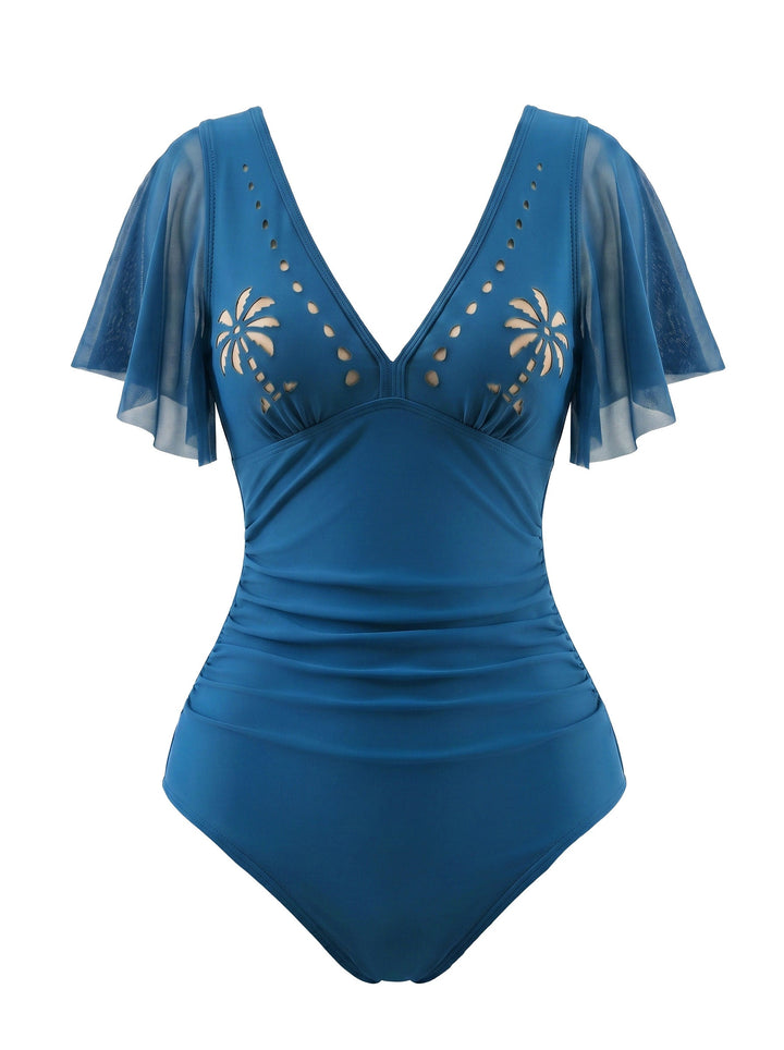 V-Neck Hollow Ruffle Sleeve Palm Tree Swimsuit - vintage swimsuit, swimwear for vintage lovers