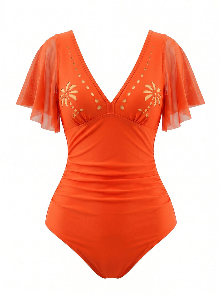 V-Neck Hollow Ruffle Sleeve Palm Tree Swimsuit - vintage swimsuit, swimwear for vintage lovers