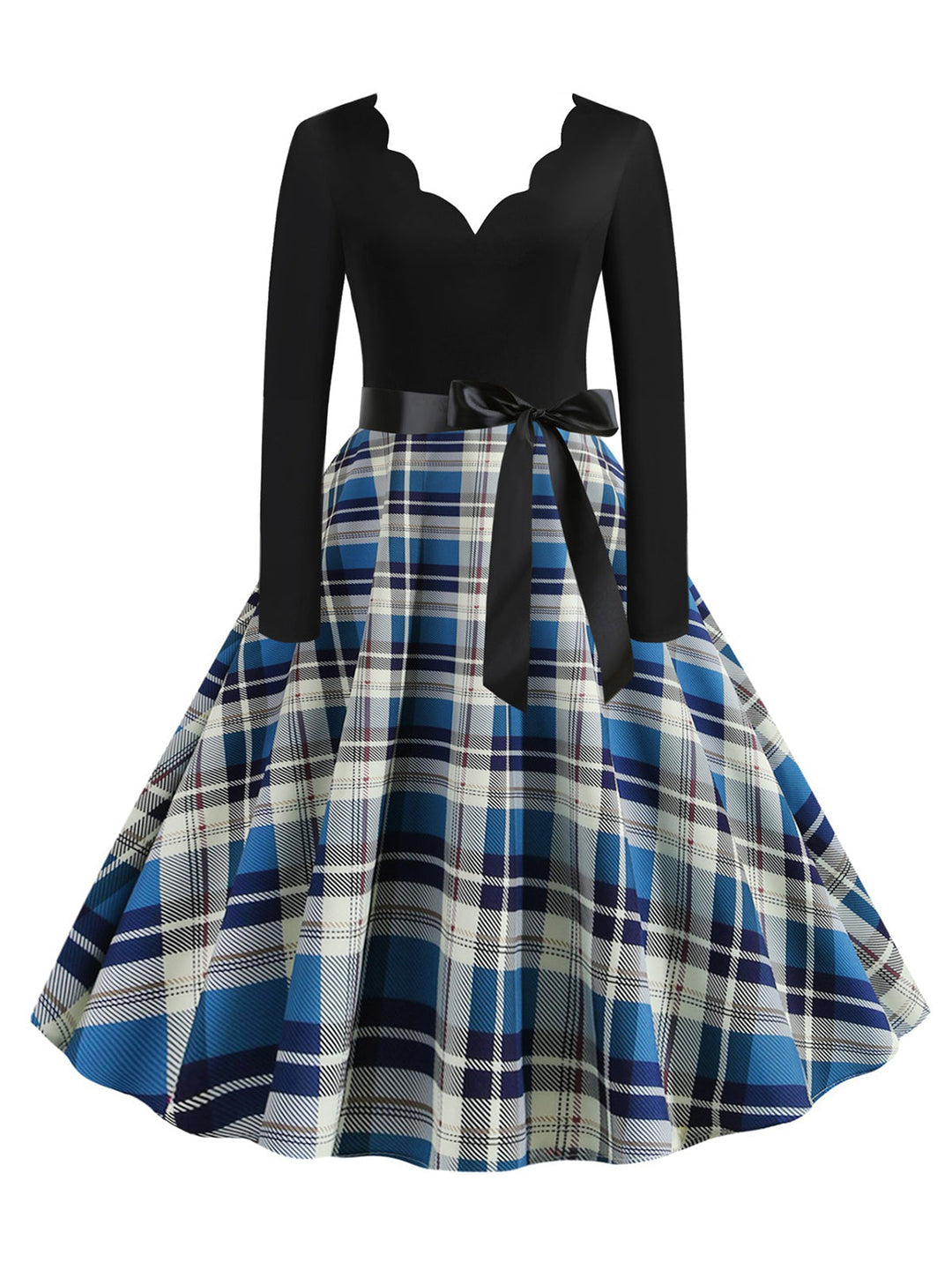 1950s V-Neck Long Sleeves Plaid Swing Dress, vintage dress, retro fashion, rockabilly, pin-up fashion - perfect for women who love vintage and retro fashion