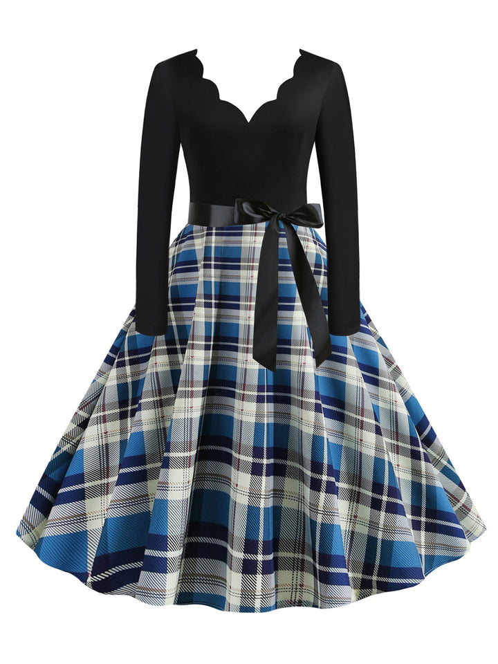 1950s V-Neck Long Sleeves Plaid Swing Dress, vintage dress, retro fashion, rockabilly, pin-up fashion - perfect for women who love vintage and retro fashion