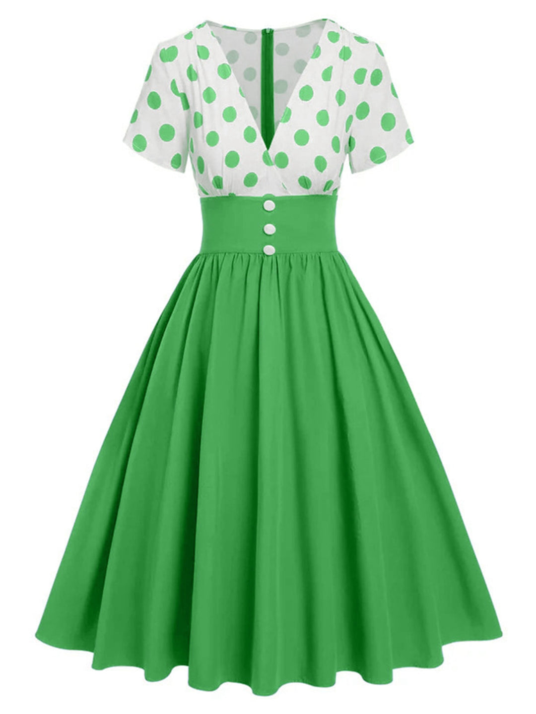 She slips into this 1950s V-Neck Polka Dots Swing Dress and suddenly it&