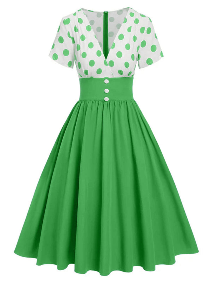 She slips into this 1950s V-Neck Polka Dots Swing Dress and suddenly it&