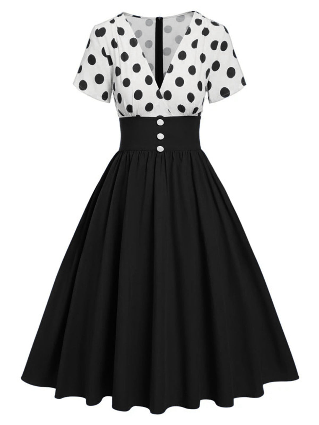 1950s V-Neck Polka Dots Swing Dress — the kind of 1950s dress that makes strangers smile
